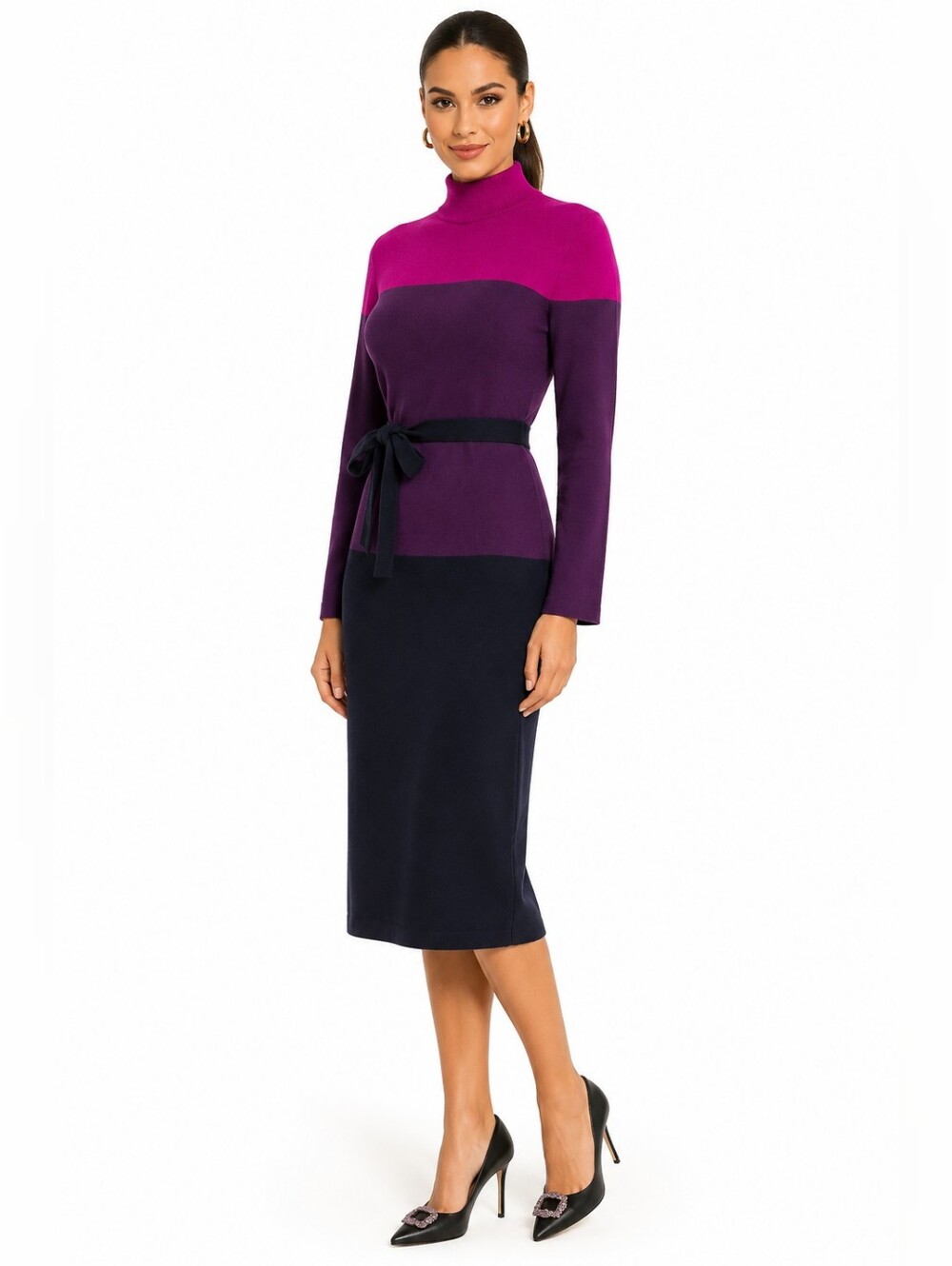 St. John Collection Dress 6 NWT $1390 Wool Colorblock Belted Turtleneck Midi